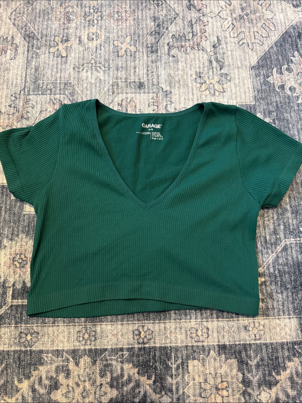 Garage Dark Green Ribbed V-Neck Cropped Top